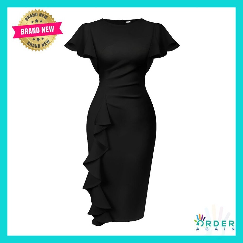 Vintage Ruffle Sleeve Ruched Bodycon Midi Pencil Dress Work Elegant Chic